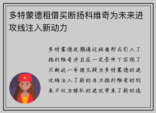 多特蒙德租借买断扬科维奇为未来进攻线注入新动力 多特蒙德租借买断扬科维奇为未来进攻线注入新动力